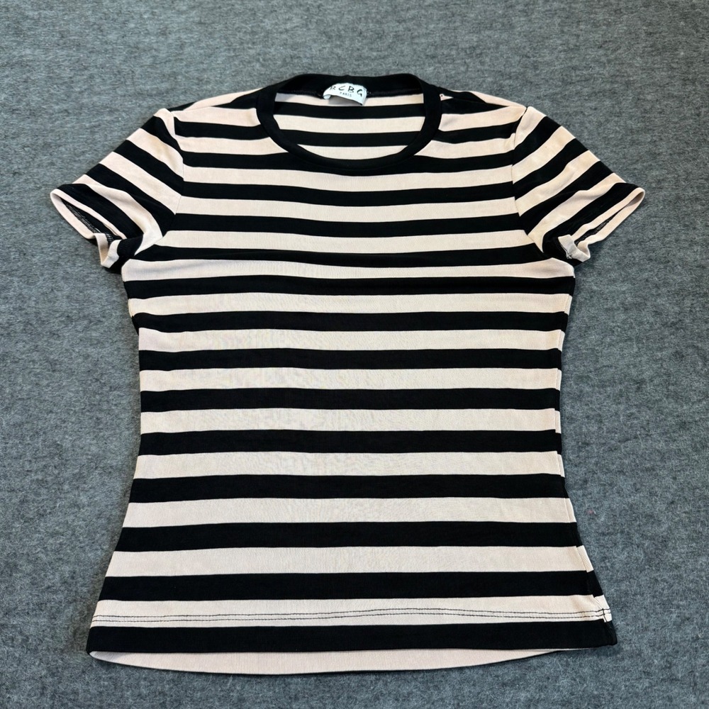 VTG 90s BCBG Paris Striped Short Sleeve Mesh Crew Neck Top Black Tan